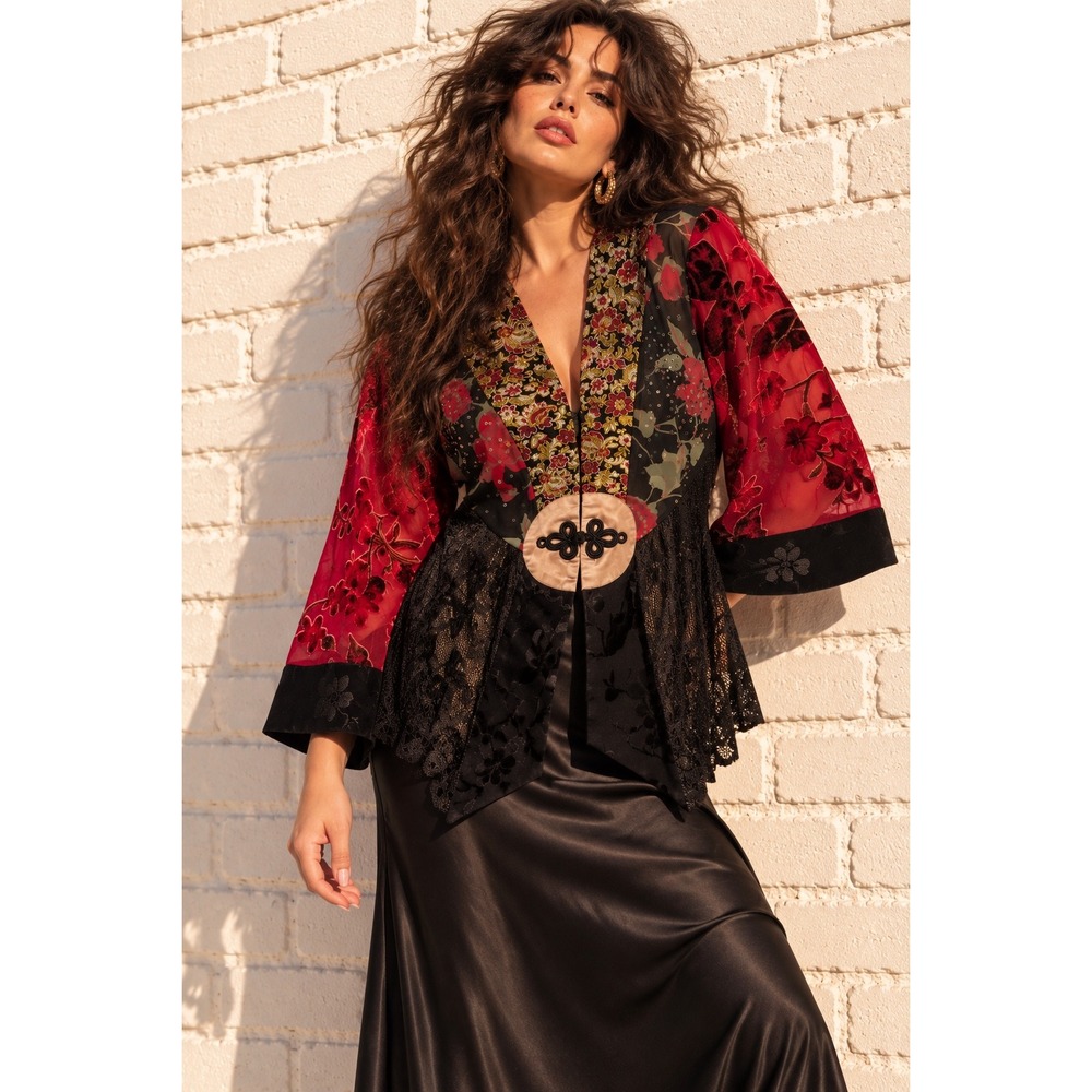 Spencer Alexis Black Red Velvet Burnout Sequin Lace Frog Kimono Jacket 1X